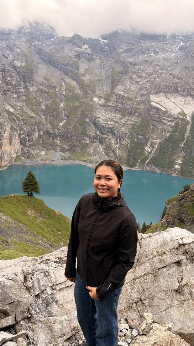 Lyly at a mountain lake in Switzerland